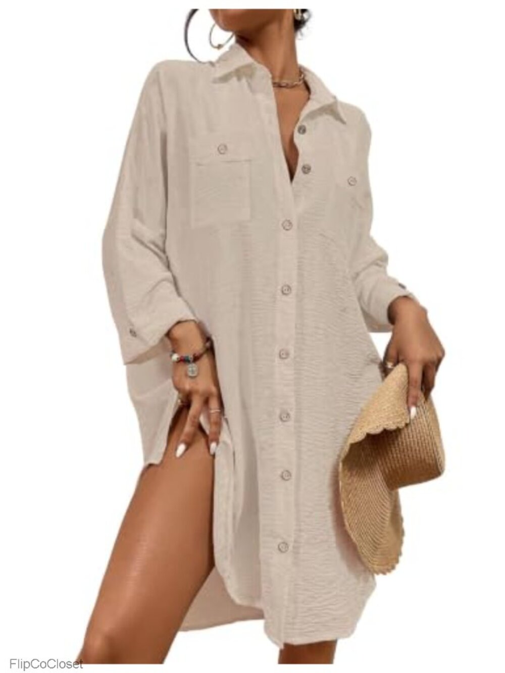 Women's Button Down Beach Cover Up Blouse 3/4 Sleeve Swim Coverup Shirt